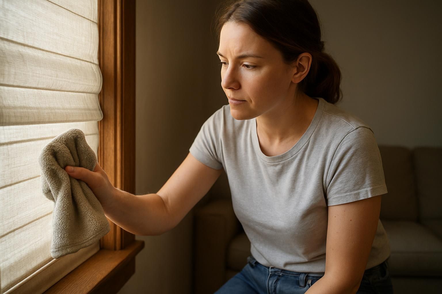 A woman cleans fabric blinds in a softly lit living room.