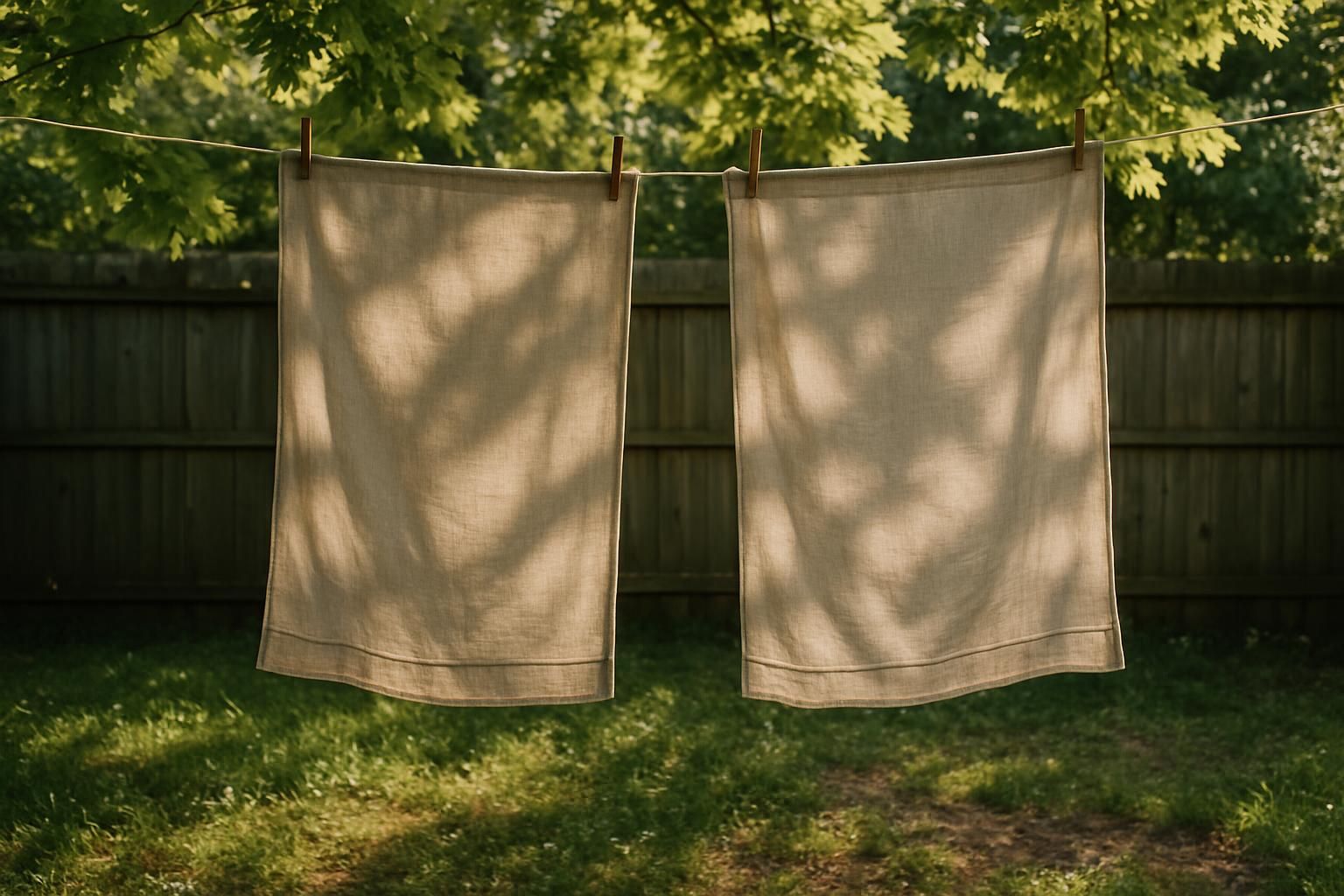 Two fabric blinds hanging outside on a clothesline in the backyard.