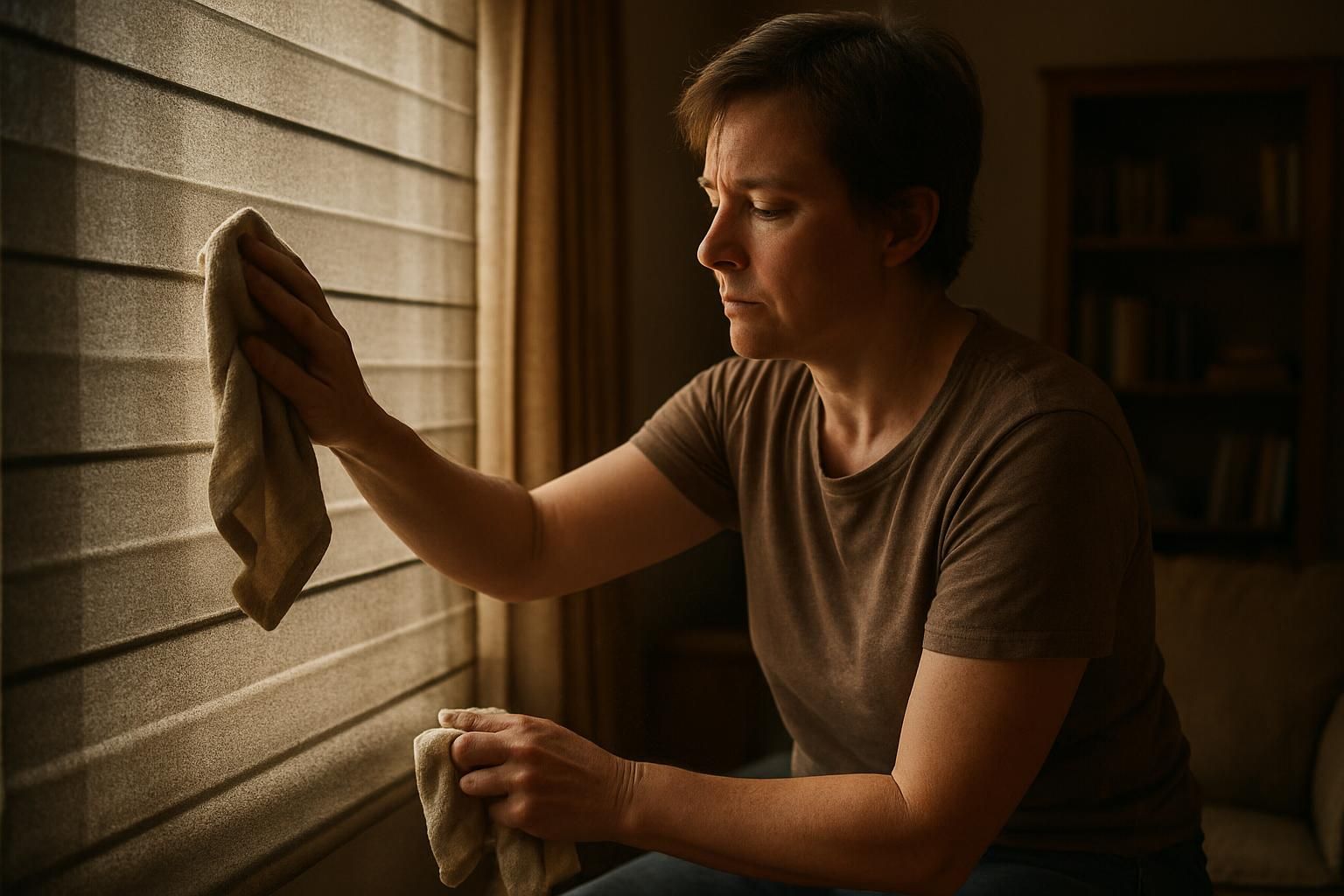 A person is carefully cleaning fabric blinds in a warm, cozy home.
