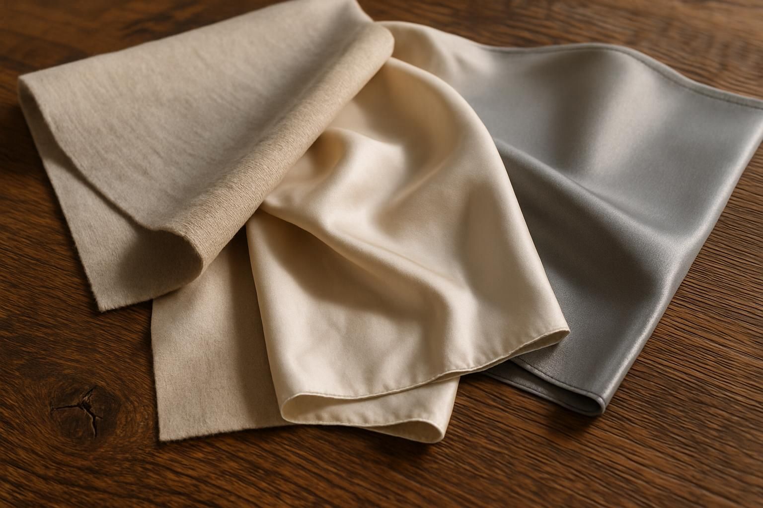 A close-up photo of fabric samples on a wooden table.