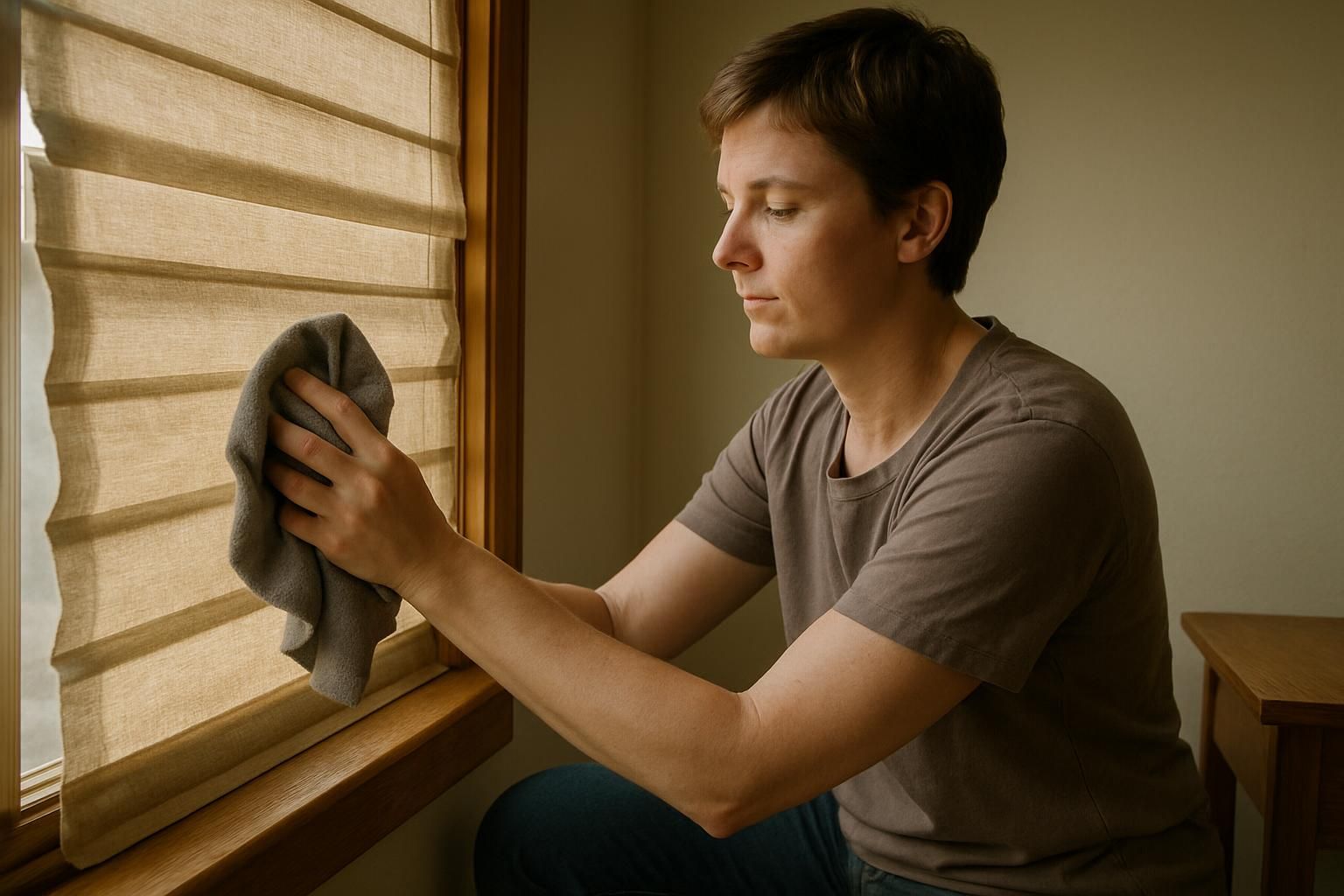 A person is cleaning beige fabric blinds in a well-lit room.