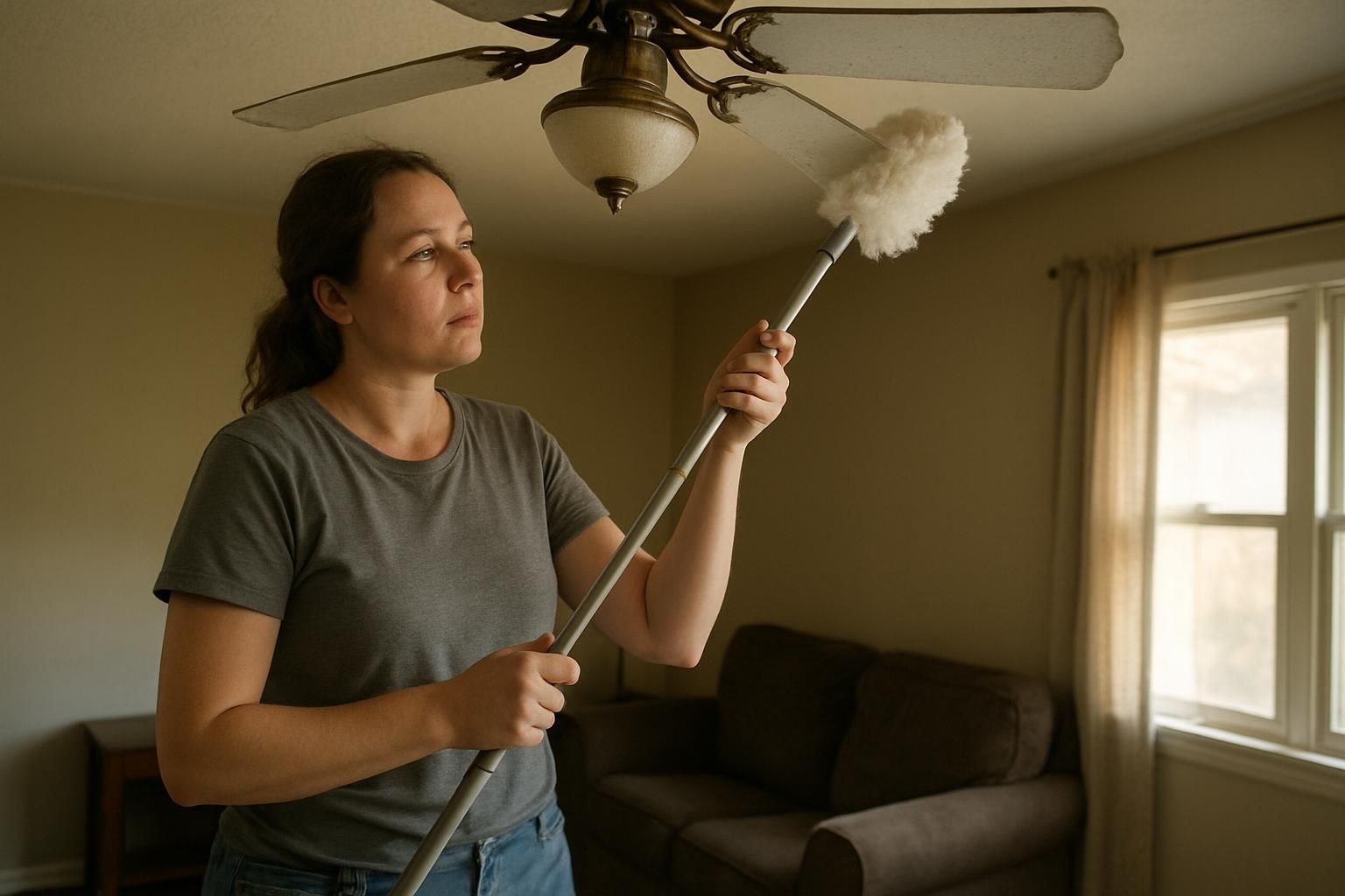 A woman cleans a ceiling fan in a living room.