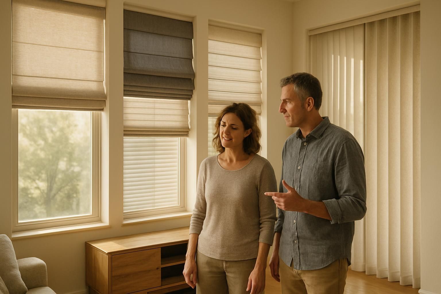 A couple examines various fabric blinds in a sunlit living room.