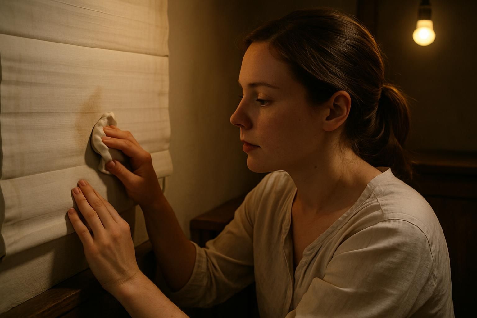A woman in her 30s carefully cleans fabric blinds in a modestly furnished room.