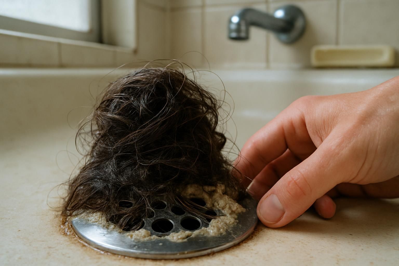 Close-up of a clogged shower drain with tangled hair and scum.