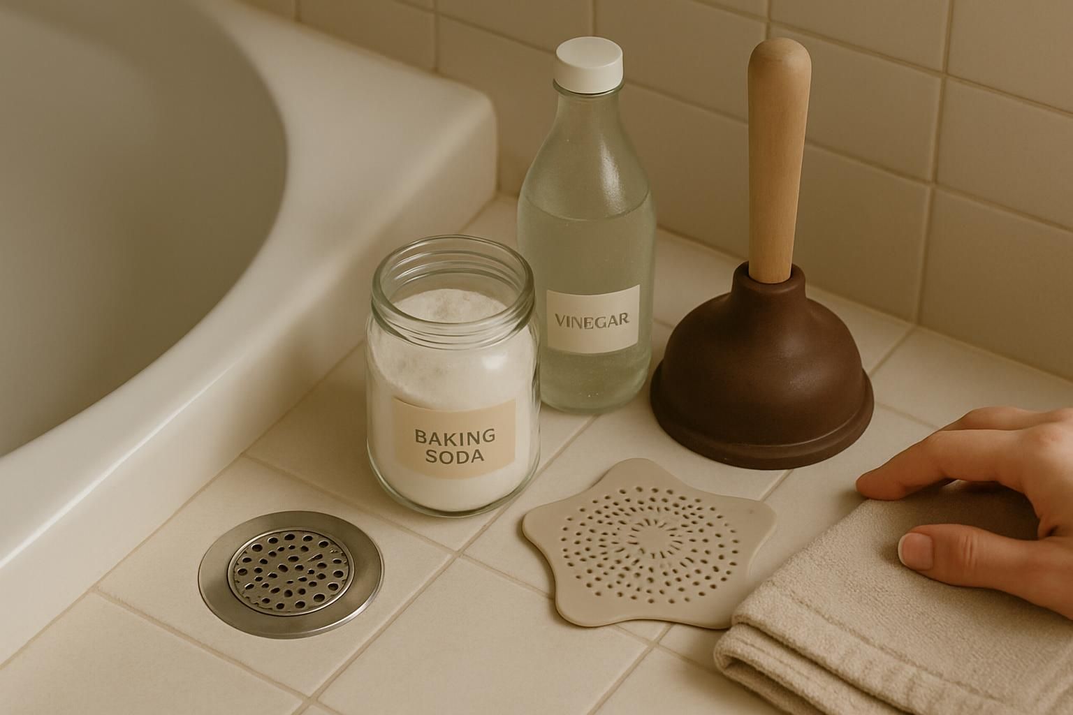 A well-maintained bathroom sink area with natural cleaning items arranged neatly.