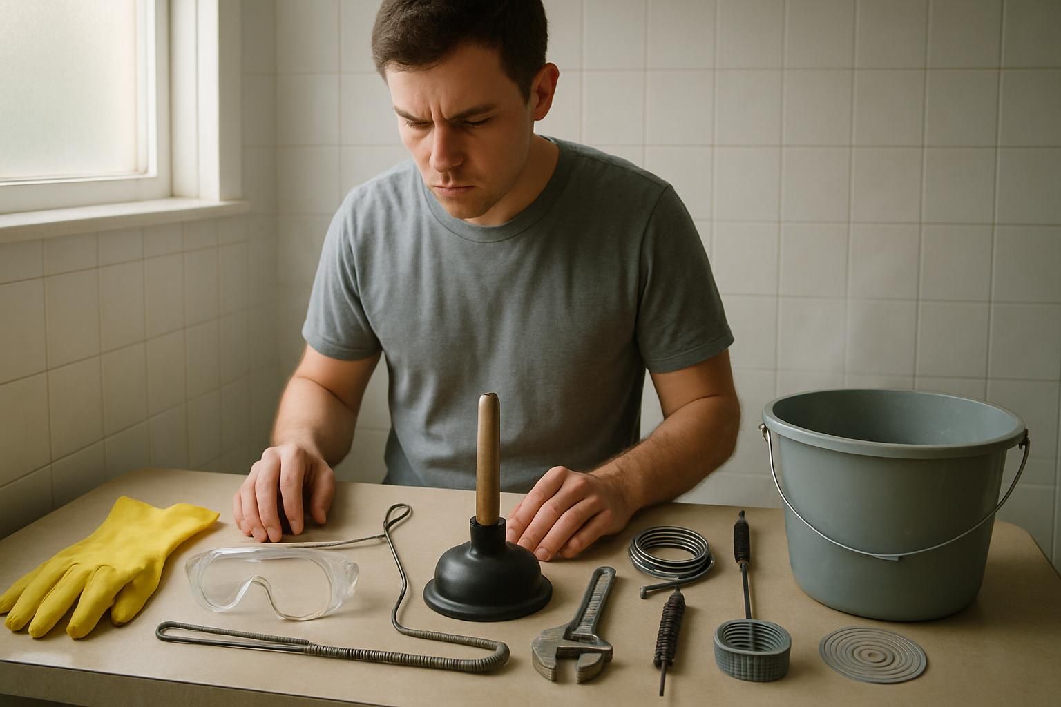 A person with cleaning tools in a bathroom, ready for maintenance.