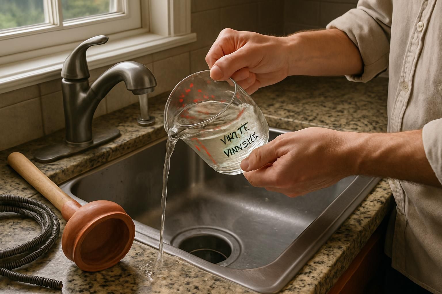 Homeowner pours white vinegar into kitchen sink with garbage disposal.