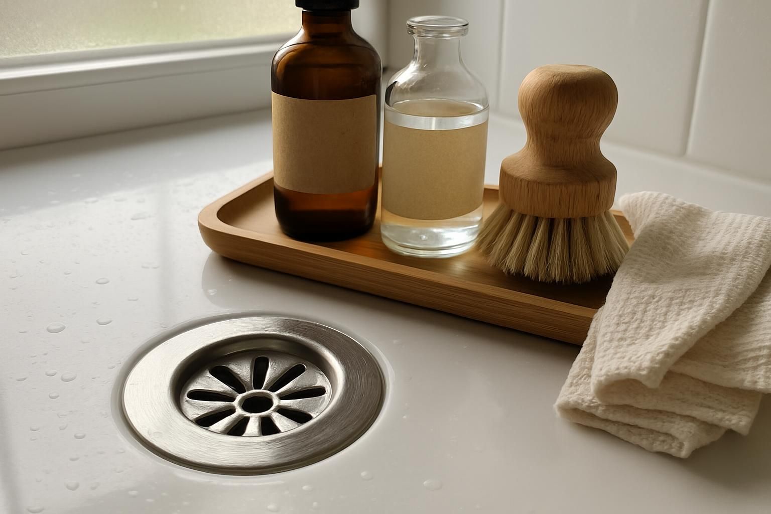 A clean and organized bathroom drain area with natural cleaning products.