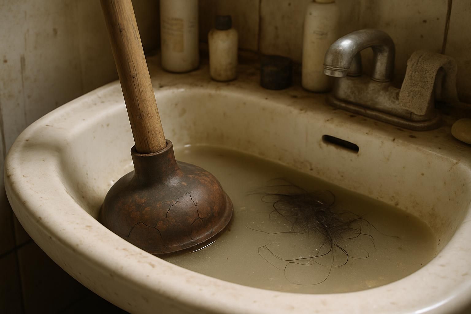 An old, worn plunger rests next to a dirty bathroom sink.