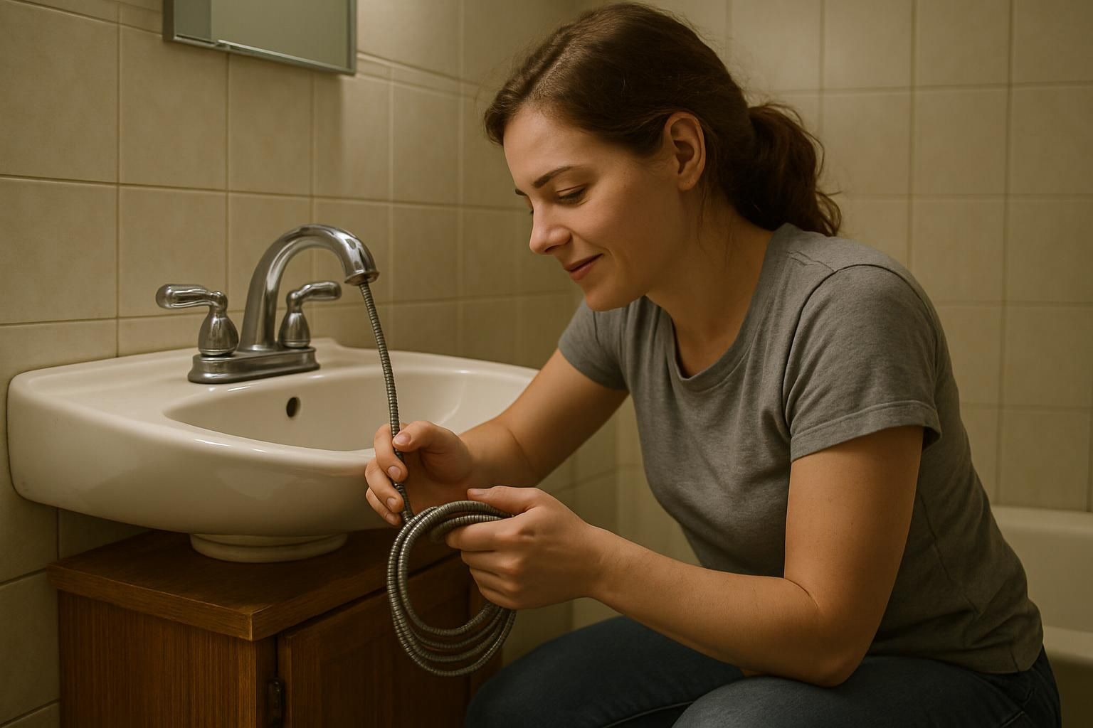 A woman using a drain snake to fix bathroom sink.