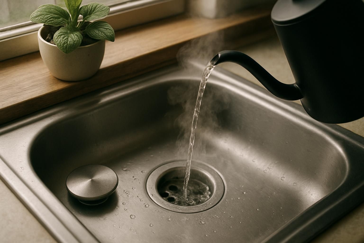 A stainless steel kitchen sink with a draining kettle and potted plant.