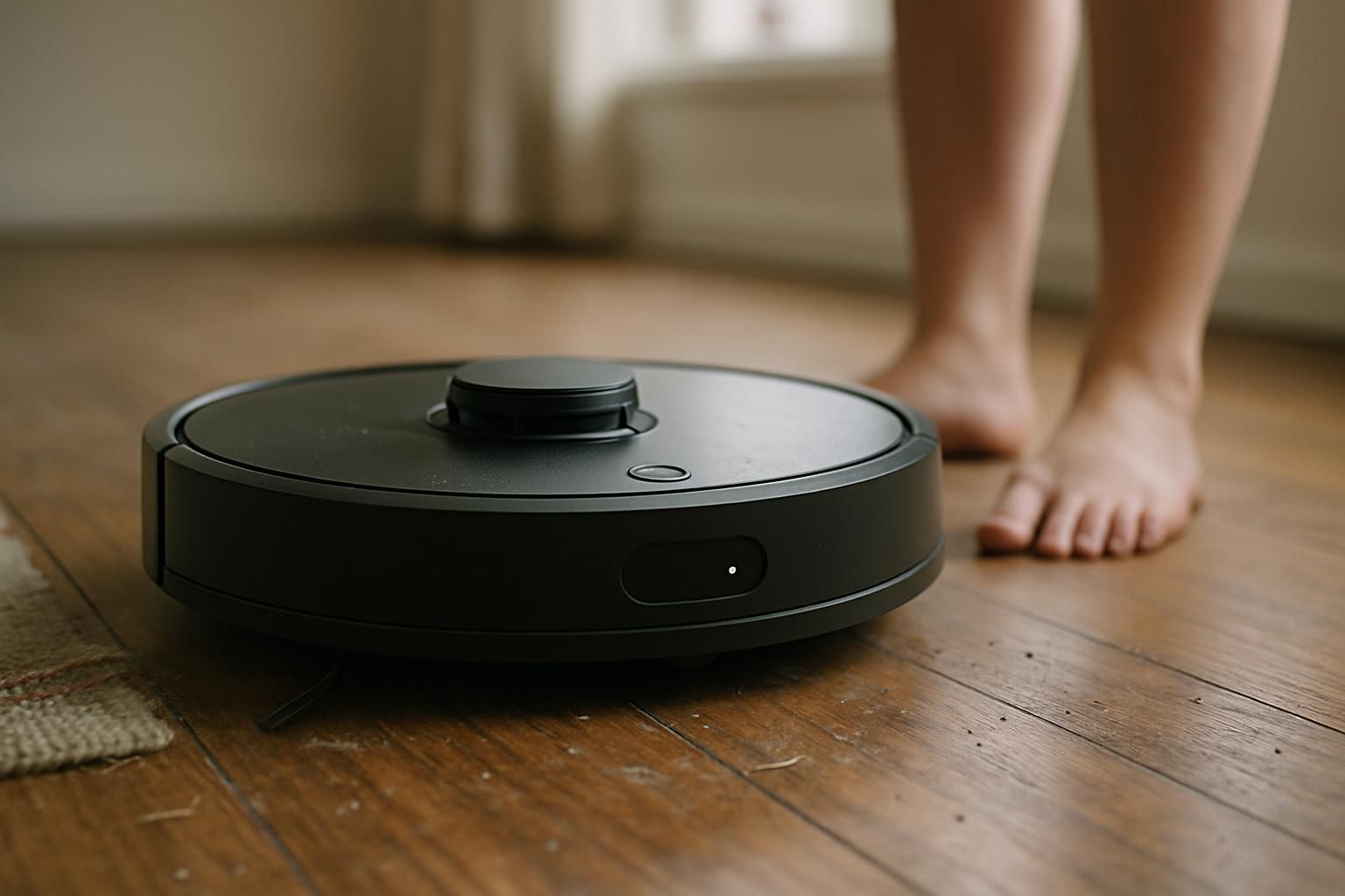 A robotic vacuum cleaner on a dusty hardwood floor in a lived-in space. A robotic vacuum cleaner on a dusty hardwood floor in a lived-in space.