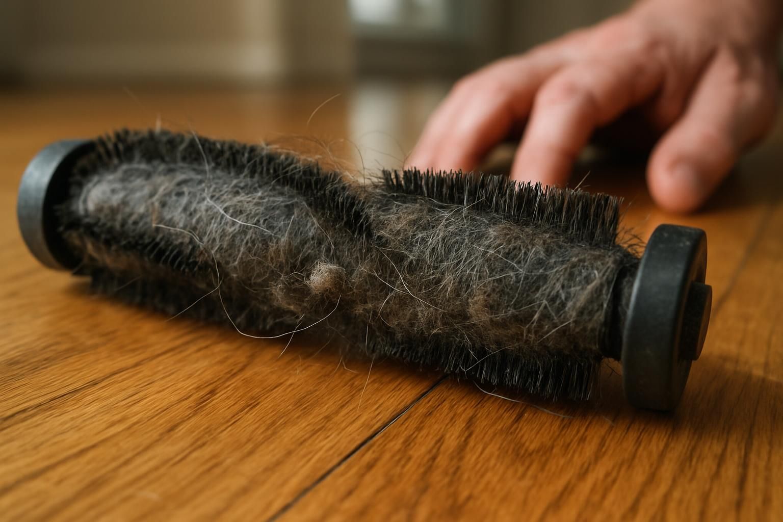 A worn vacuum brush roll on a hardwood floor covered in hair and dust. A worn vacuum brush roll on a hardwood floor covered in hair and dust.