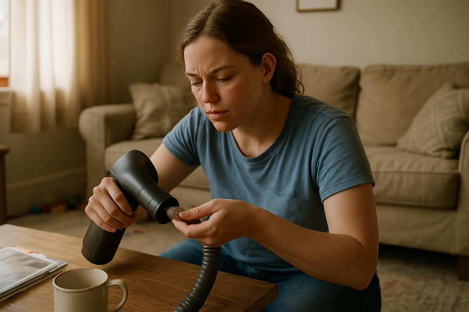 A woman in casual clothing is using a handheld vacuum in a lived-in living room. A woman in casual clothing is using a handheld vacuum in a lived-in living room.