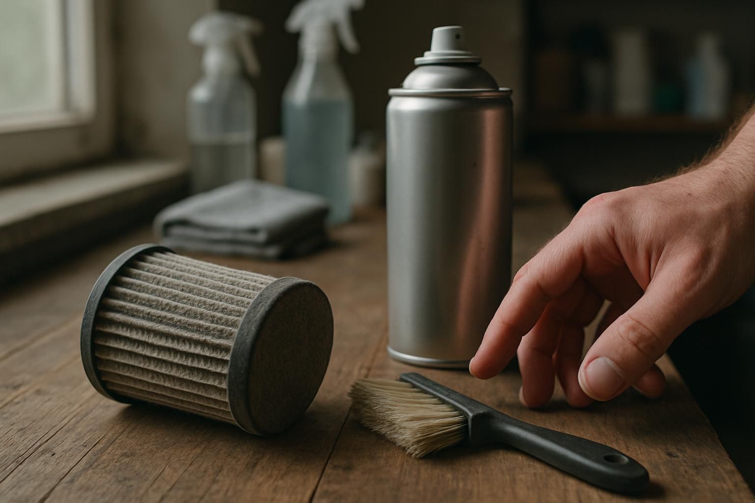 A dusty vacuum filter, brush, and compressed air on a table. A dusty vacuum filter, brush, and compressed air on a table.