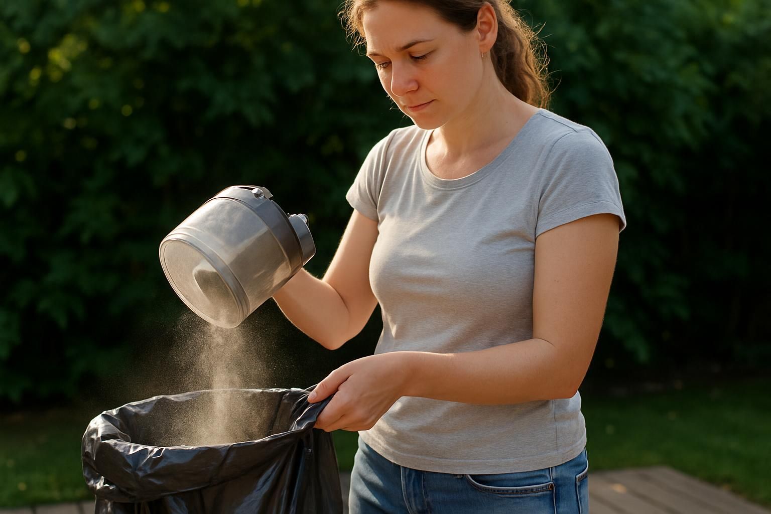 A woman in her 30s empties a vacuum cleaner bin outdoors. A woman in her 30s empties a vacuum cleaner bin outdoors.