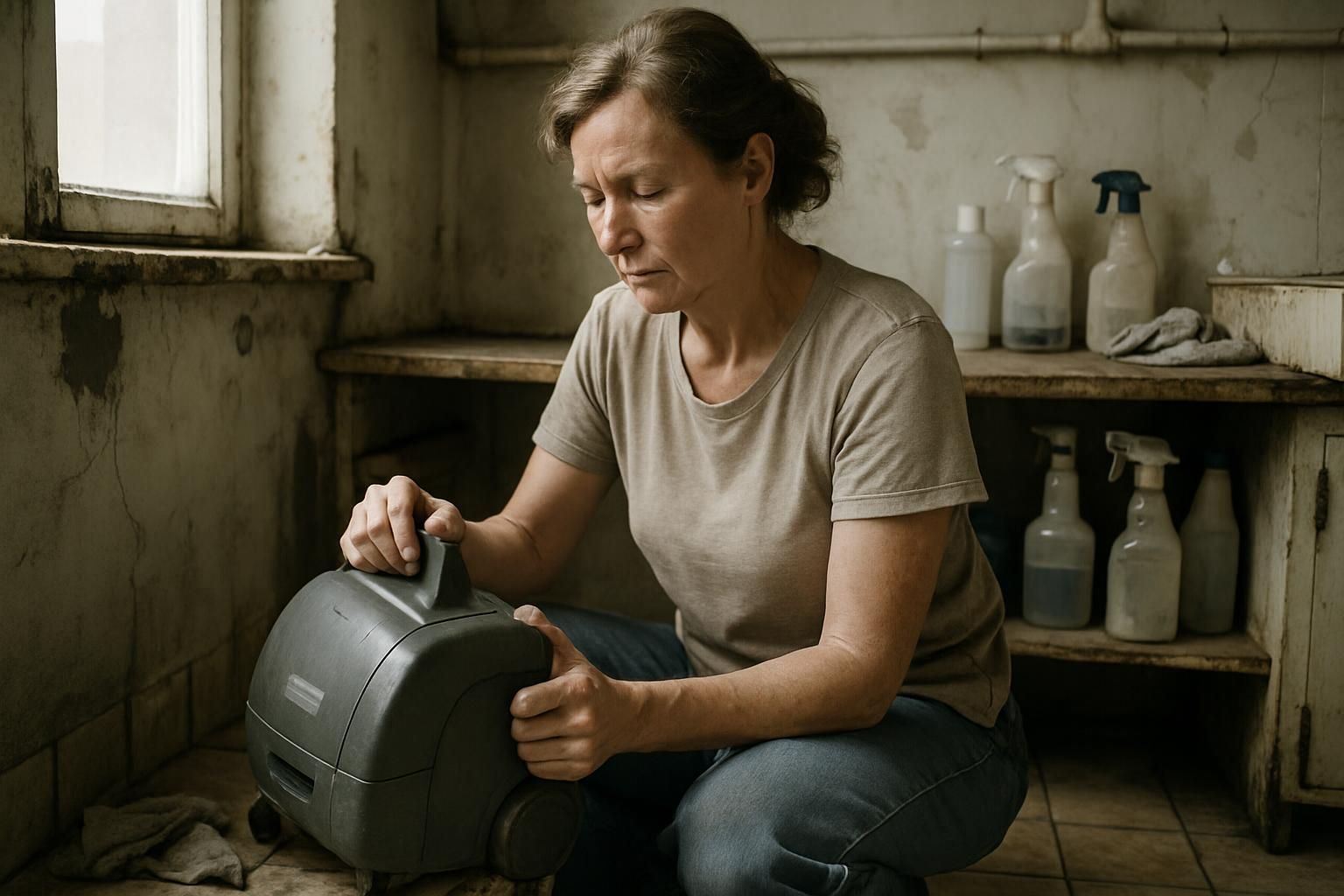 A middle-aged woman kneeling in a cluttered utility room, cleaning. A middle-aged woman kneeling in a cluttered utility room, cleaning.