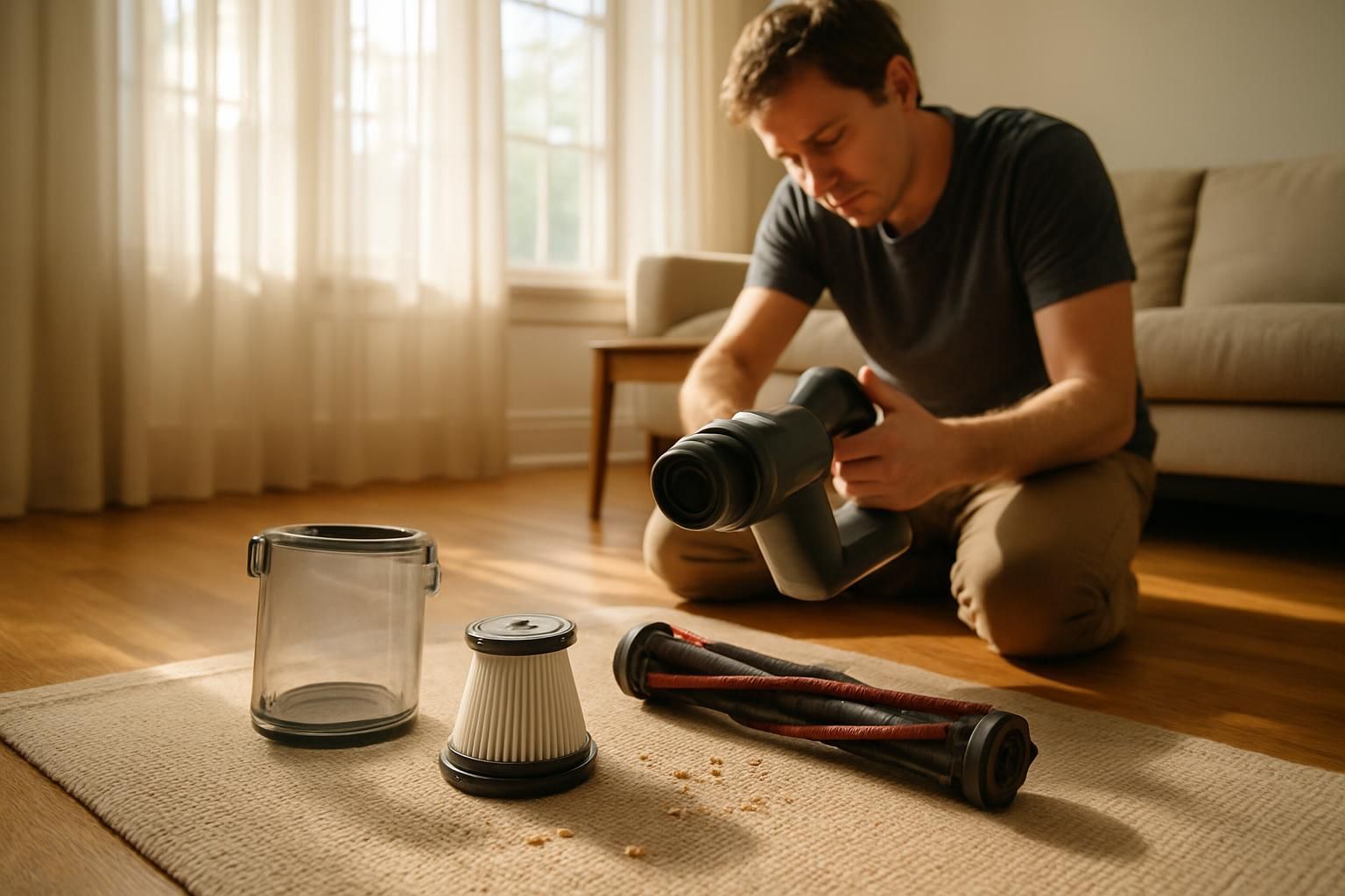 A disassembled vacuum cleaner and dust on a sunlit living room floor. A disassembled vacuum cleaner and dust on a sunlit living room floor.