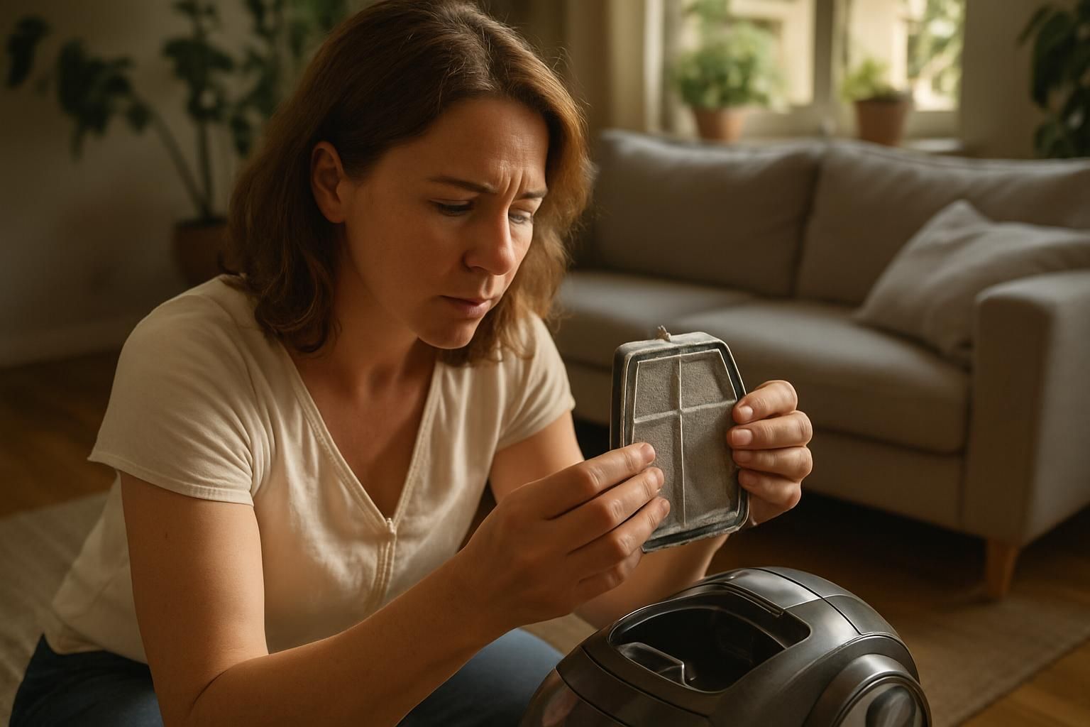 A woman inspects a dusty vacuum cleaner filter in a cozy room. A woman inspects a dusty vacuum cleaner filter in a cozy room.