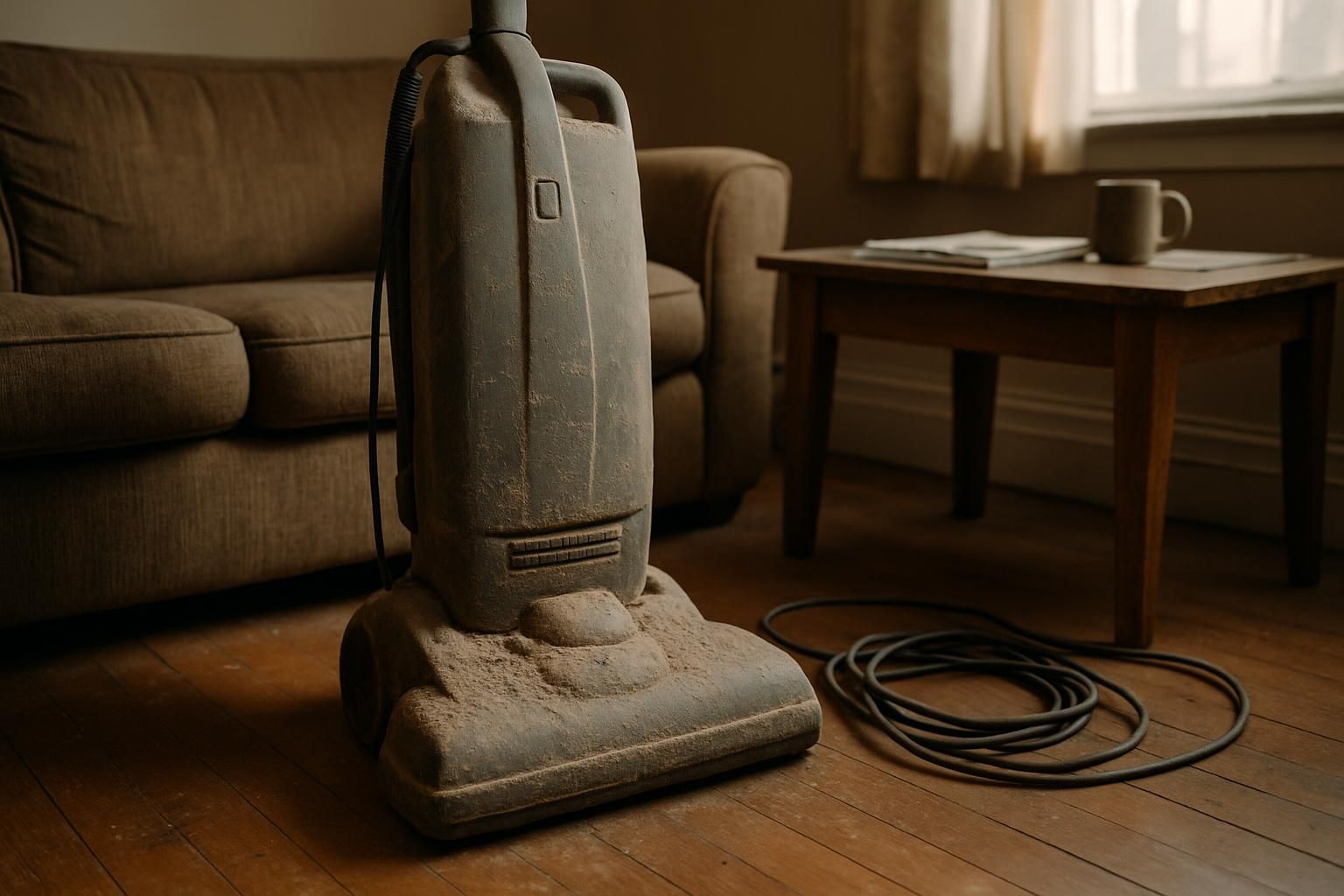 A well-used vacuum cleaner stands on a scratched hardwood floor. A well-used vacuum cleaner stands on a scratched hardwood floor.