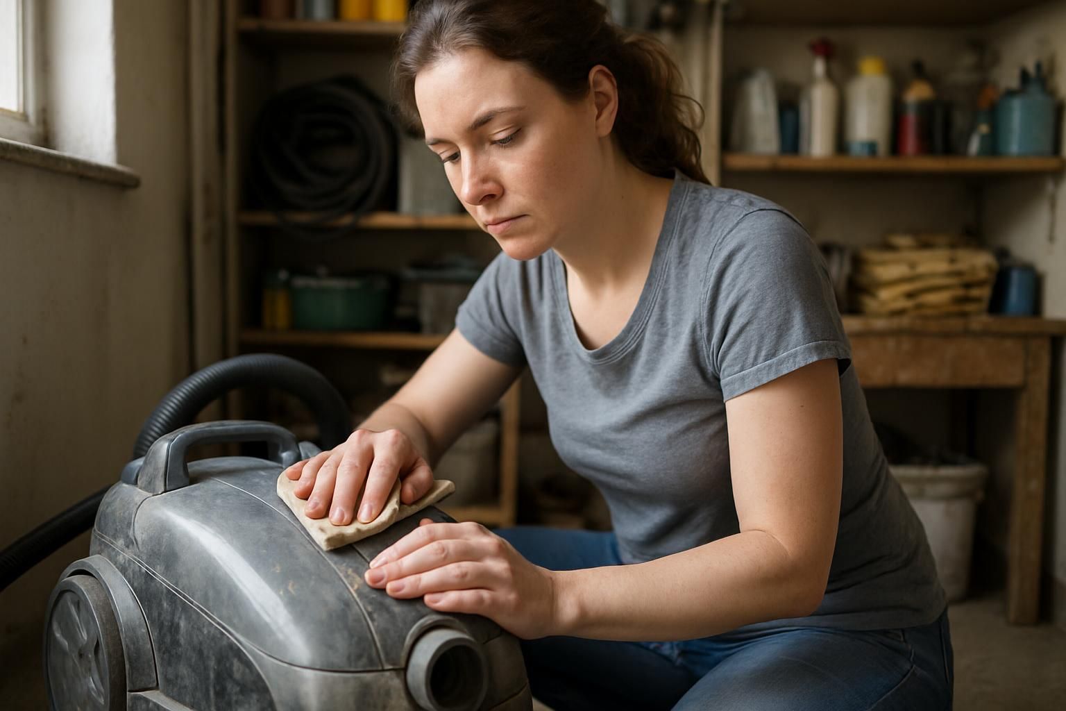 A woman cleans a well-worn vacuum in a cluttered utility room. A woman cleans a well-worn vacuum in a cluttered utility room.