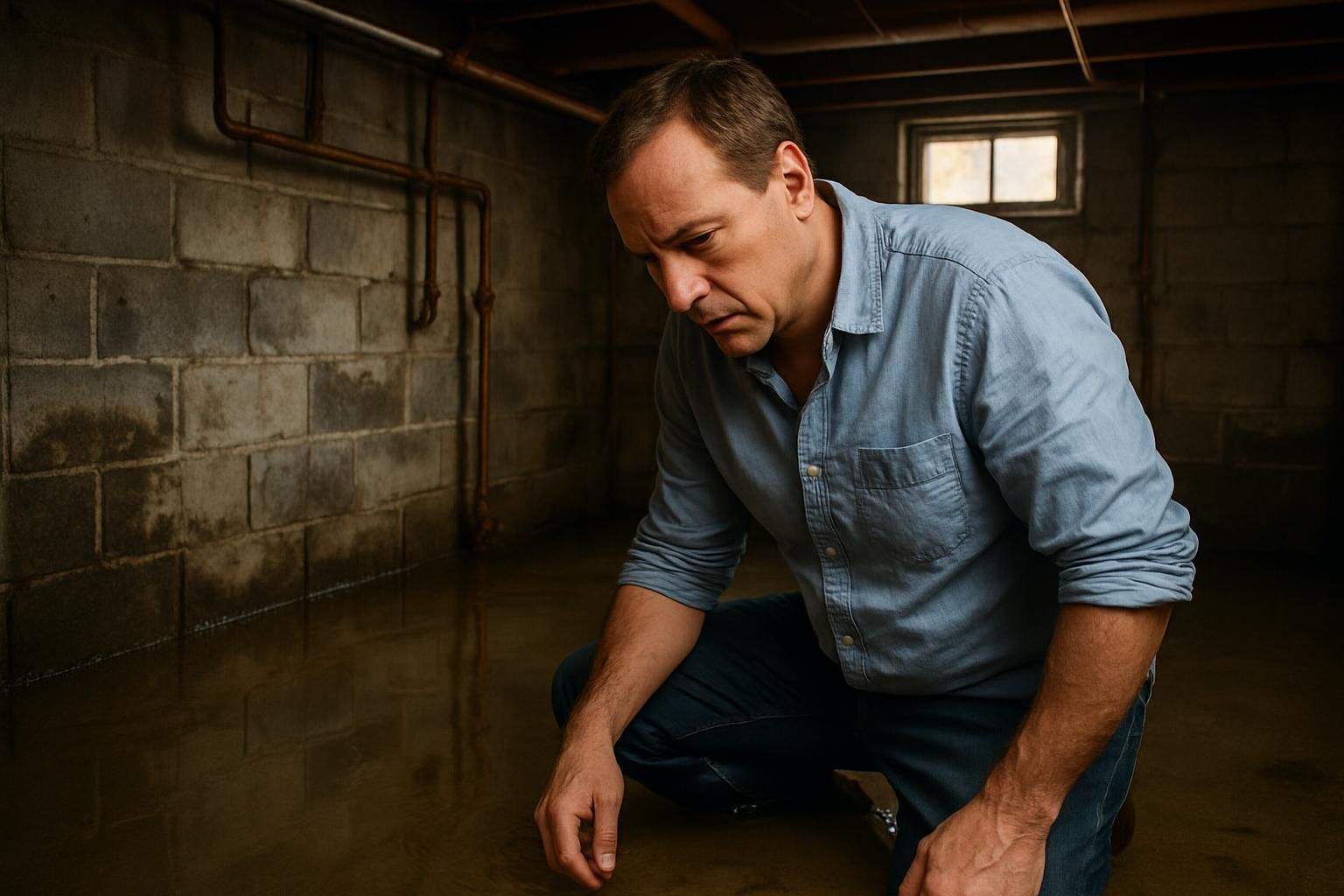 A middle-aged homeowner inspects the damp basement for water damage.