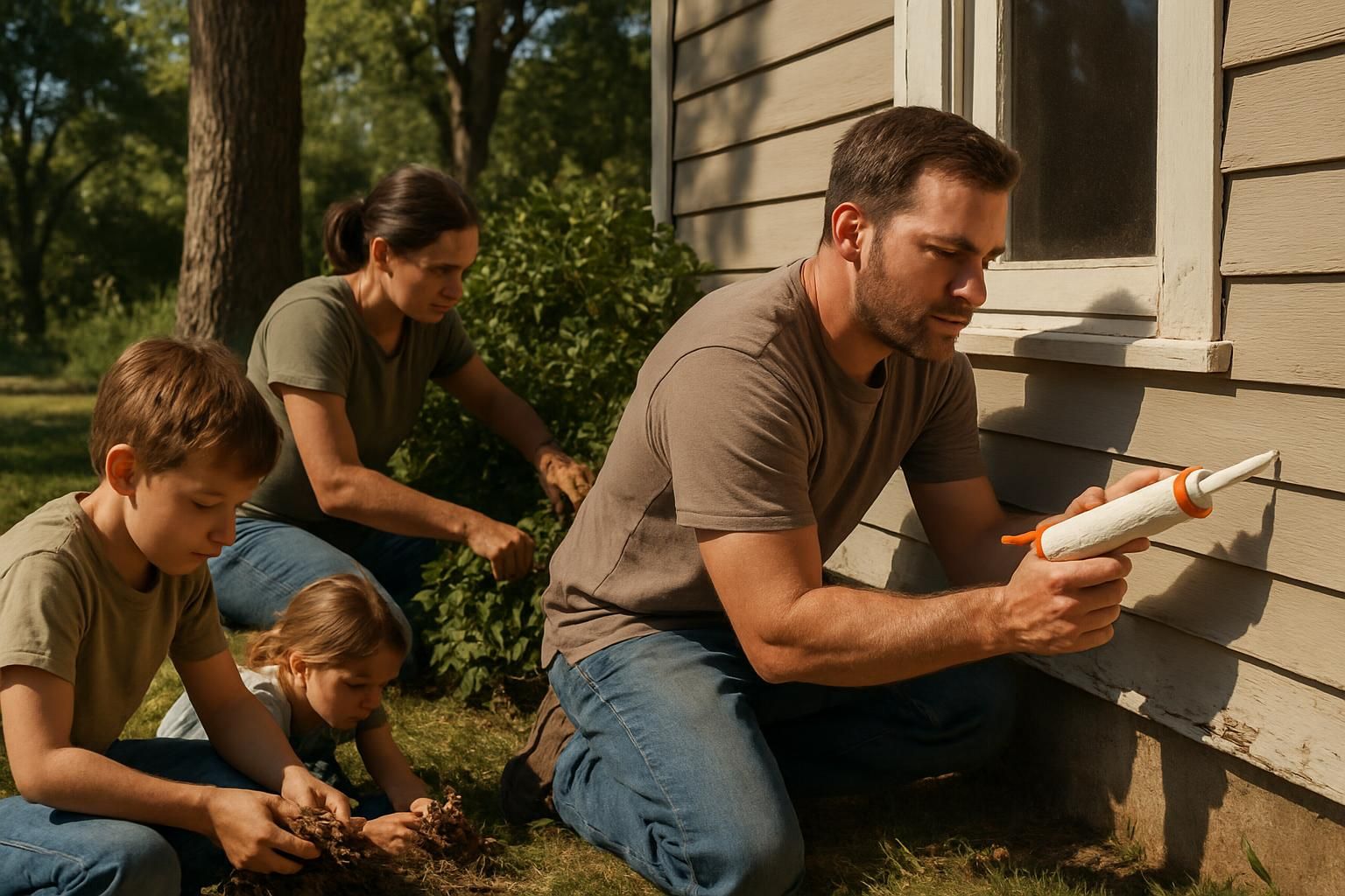 A family works together on yard maintenance under the sun.