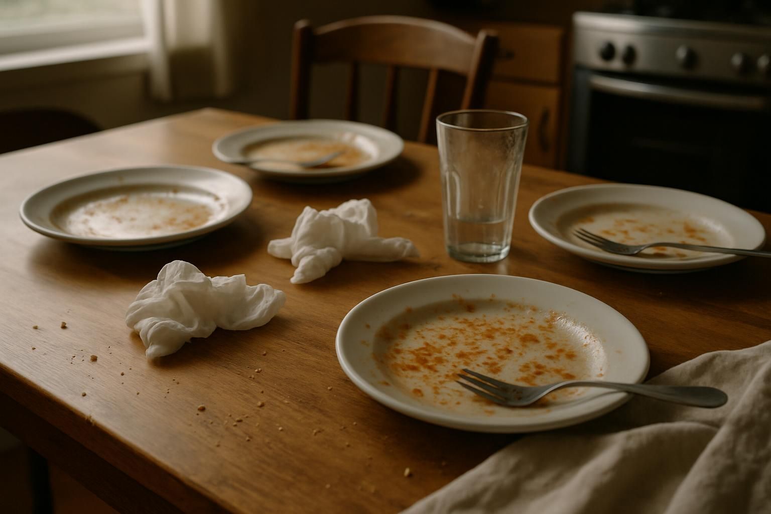 A cluttered kitchen table with remnants of last night's meal.
