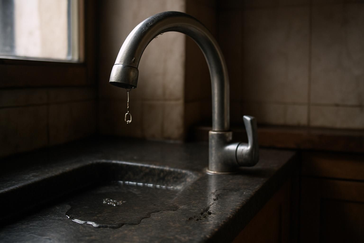 A close-up photo of an aged stainless steel faucet with water droplets.