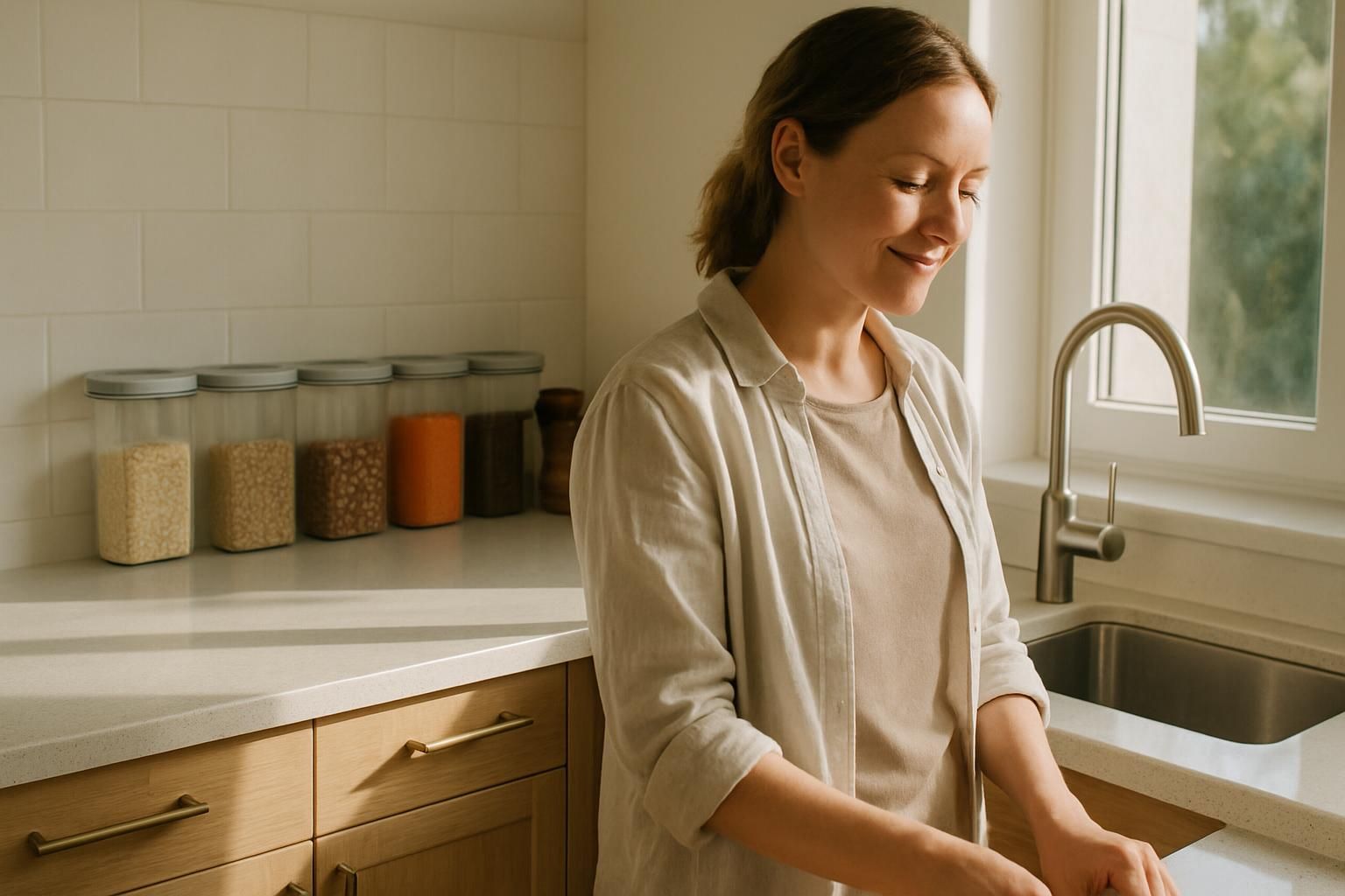 A clean and organized kitchen with a person preparing a meal.
