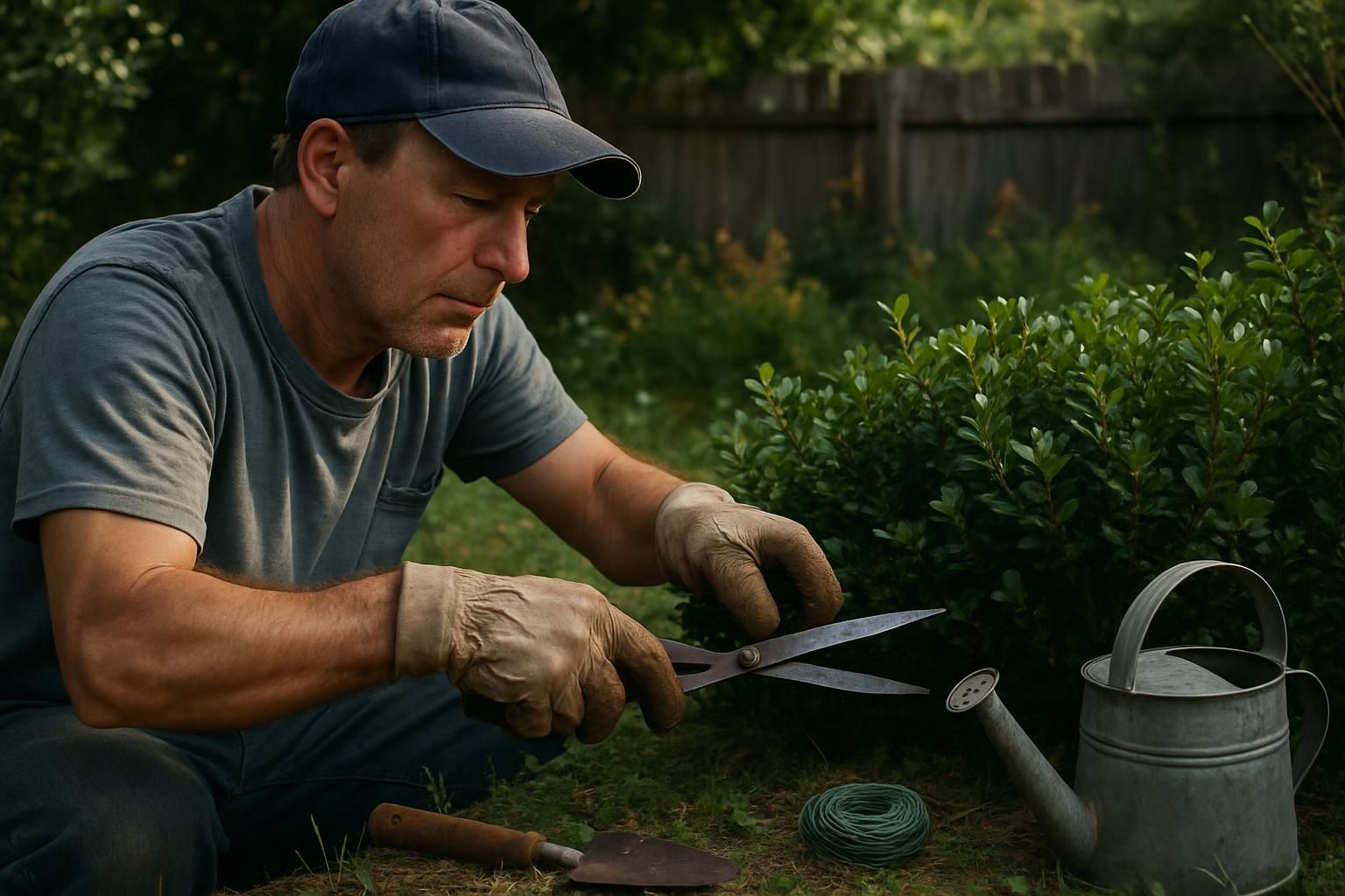 A middle-aged man trims overgrown bushes in a rustic backyard.