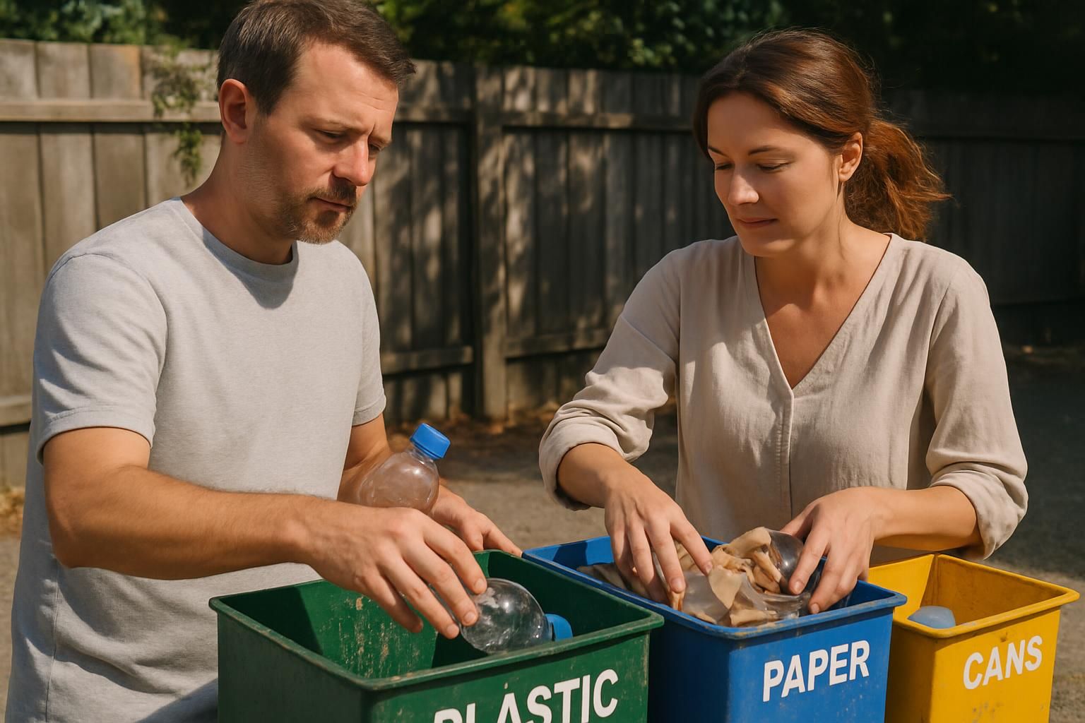 A couple in their 40s sorting recyclables at an outdoor waste station.
