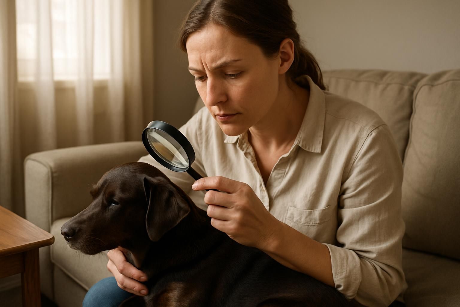 A woman inspects her calm dog's fur with a magnifying glass.