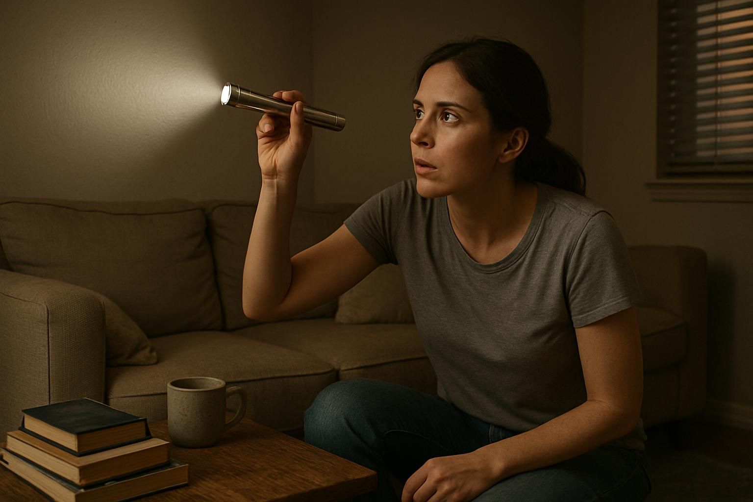 A woman carefully inspects her cluttered living room with a flashlight.