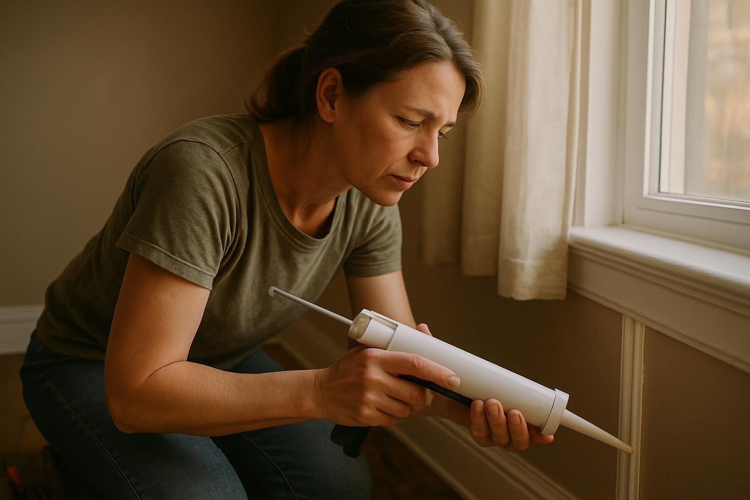 A woman in her 40s is caulking baseboards in her living room.