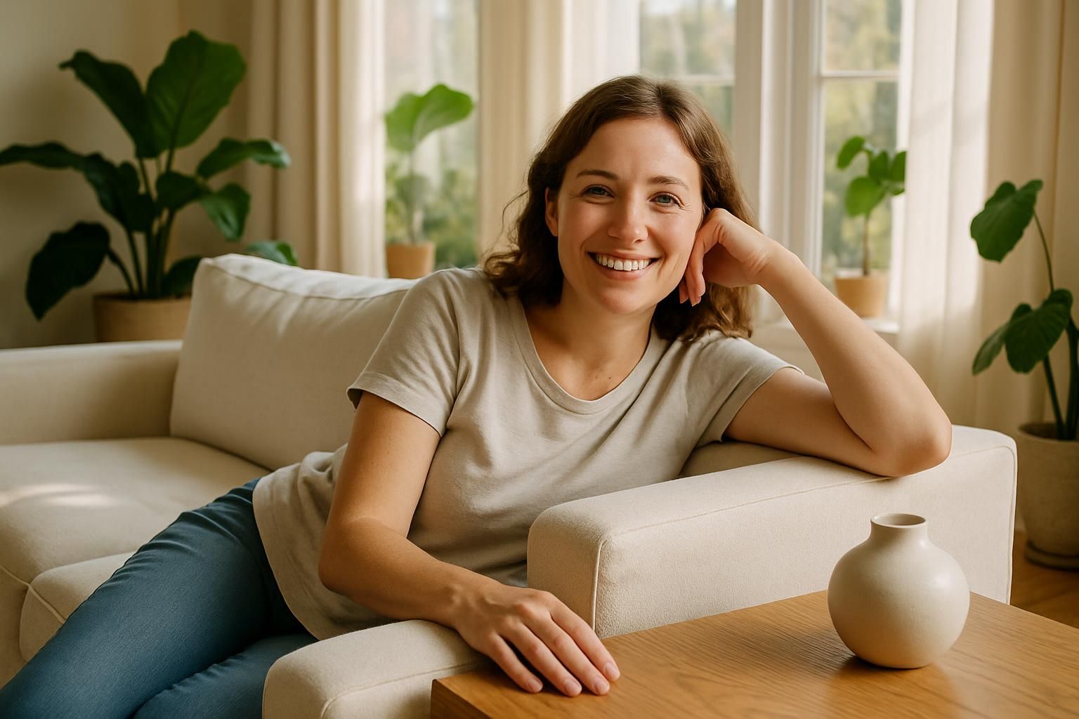 A woman reclining on a cream-colored sofa in a sunlit room. A woman reclining on a cream-colored sofa in a sunlit room.