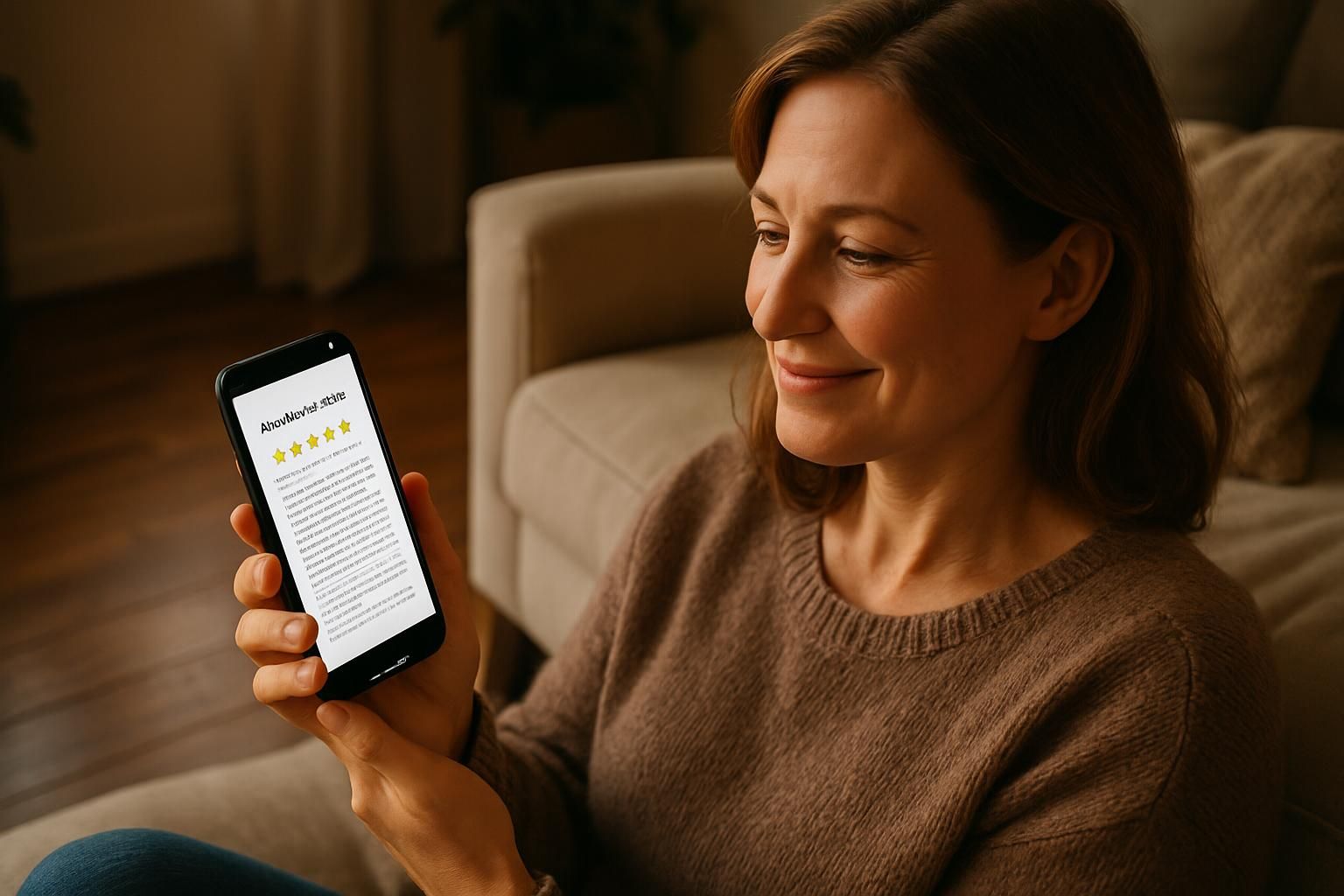A woman in her forties sits on a cream sofa holding a smartphone displaying a customer review. A woman in her forties sits on a cream sofa holding a smartphone displaying a customer review.