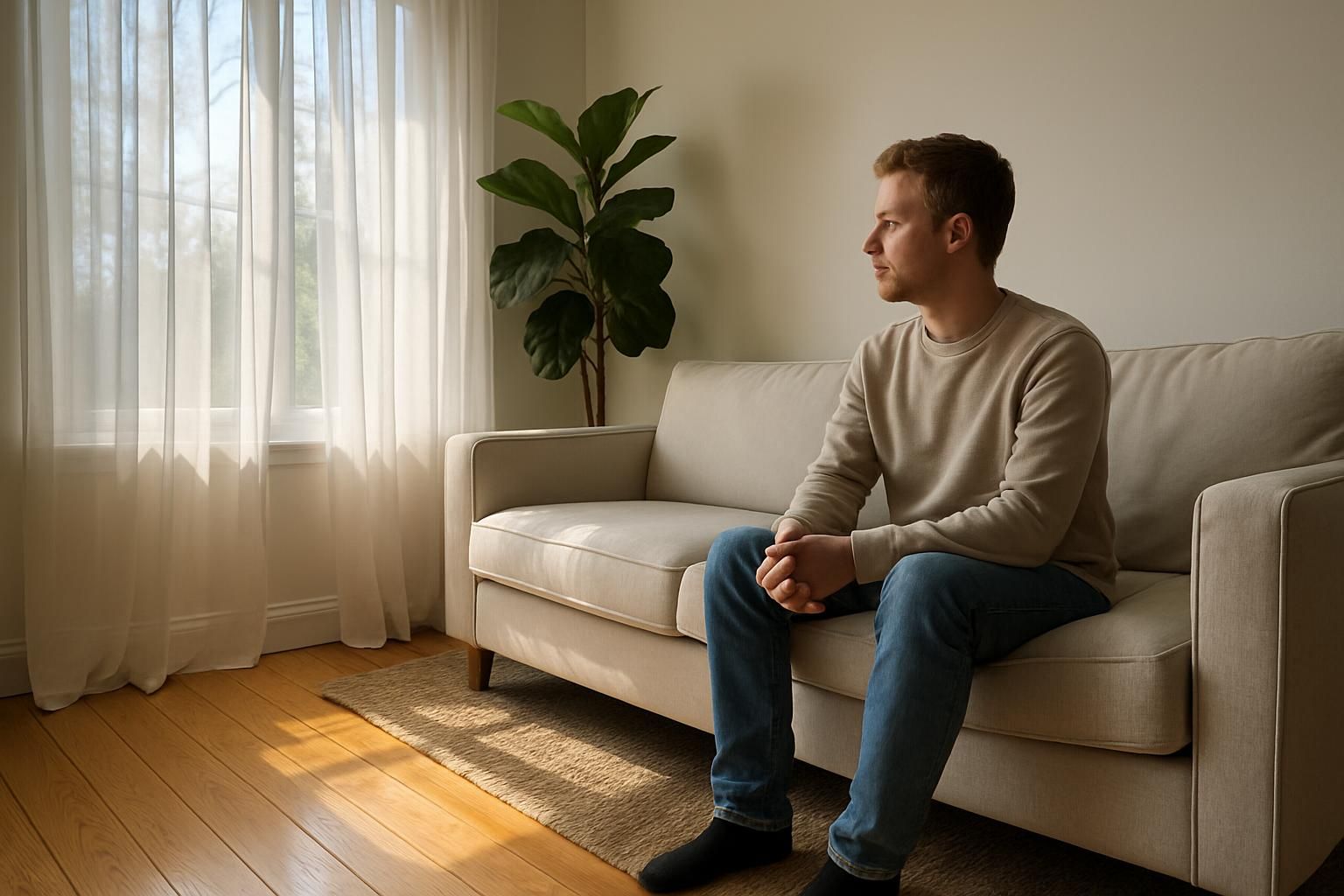A sunlit, tidy living room with a person sitting on a sofa. A sunlit, tidy living room with a person sitting on a sofa.