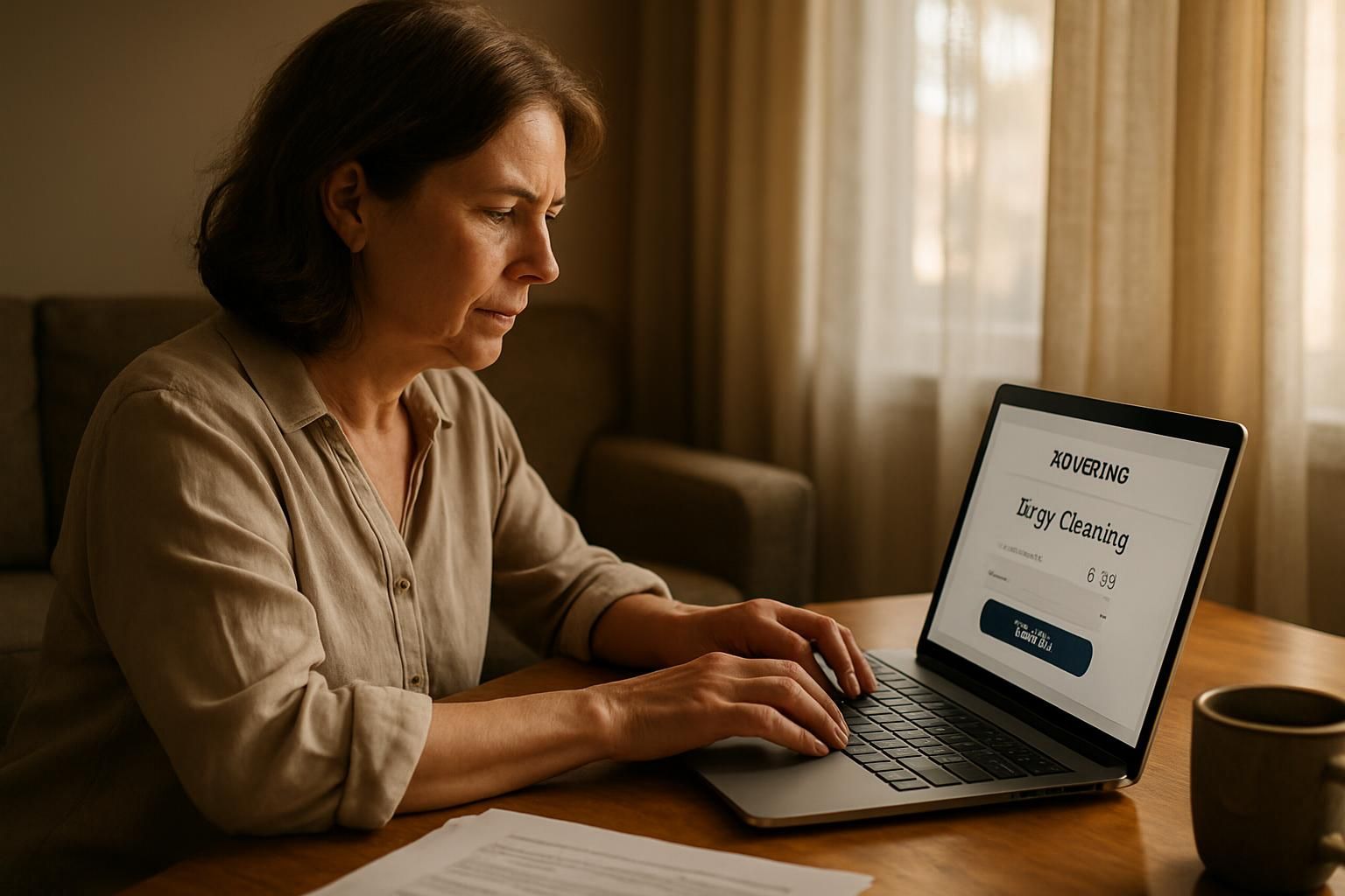 A woman books a deep cleaning service on her laptop. A woman books a deep cleaning service on her laptop.
