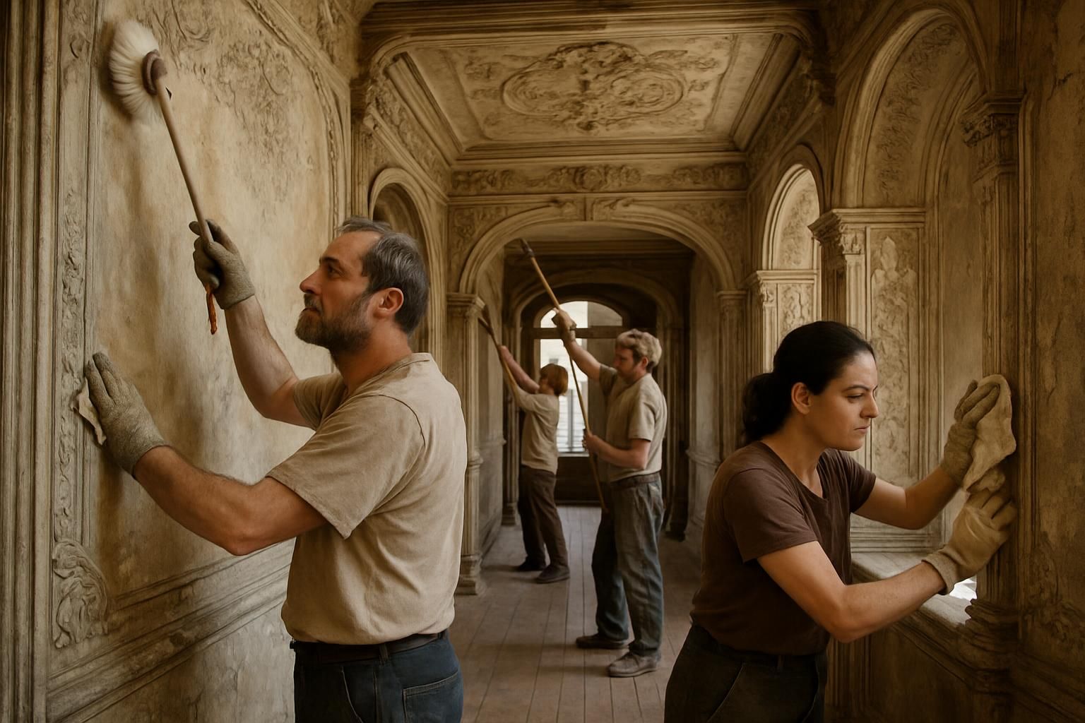 Cleaning workers restore aged Victorian mansion with delicate care. Cleaning workers restore aged Victorian mansion with delicate care.