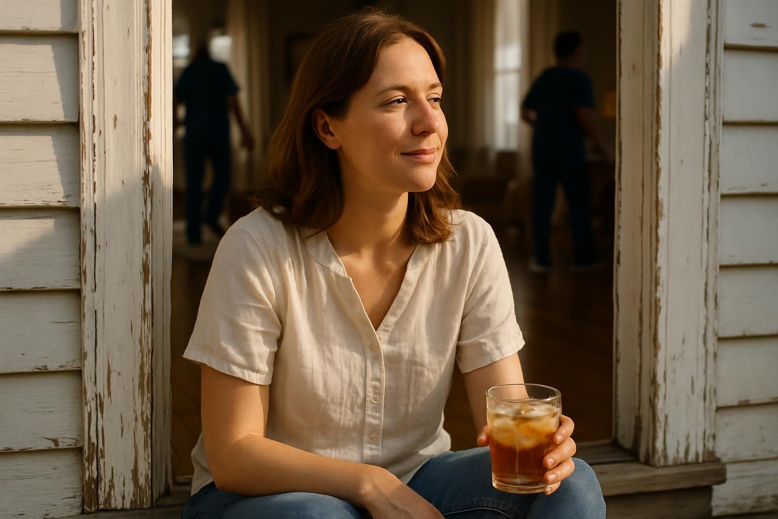 A woman enjoys iced tea on a sunlit porch while professionals clean indoors. A woman enjoys iced tea on a sunlit porch while professionals clean indoors.