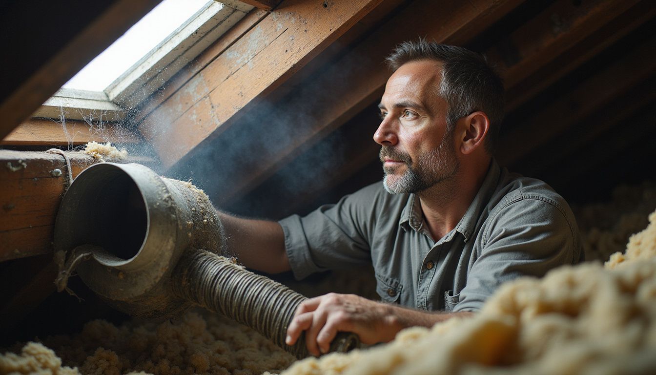 A man cleaning HVAC ducts in a cramped attic. A man cleaning HVAC ducts in a cramped attic.