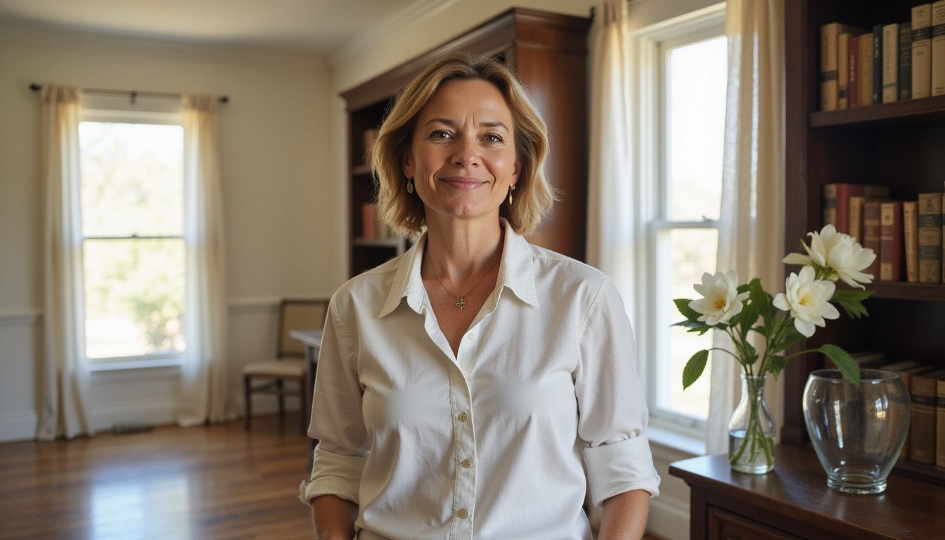A woman in her 40s stands in a well-kept living room. A woman in her 40s stands in a well-kept living room.