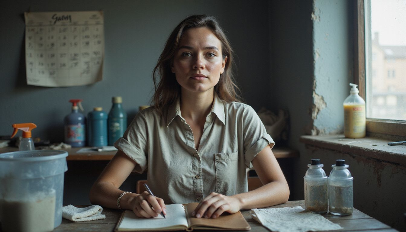 A tired woman sits at a cluttered desk in a dim room. A tired woman sits at a cluttered desk in a dim room.