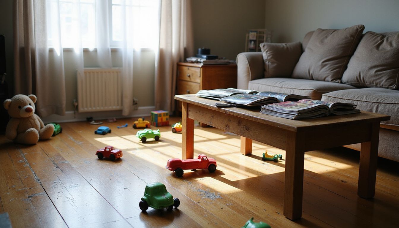 A cluttered living room with well-used toys, worn furniture, and scattered magazines. A cluttered living room with well-used toys, worn furniture, and scattered magazines.