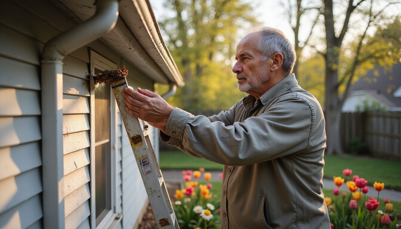An elderly man diligently cleans the gutters of his suburban home. An elderly man diligently cleans the gutters of his suburban home.