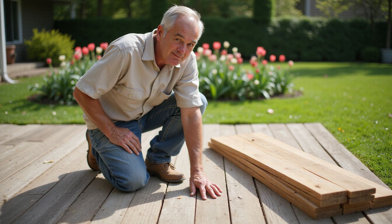A middle-aged man inspects freshly cut planks on a backyard deck. A middle-aged man inspects freshly cut planks on a backyard deck.