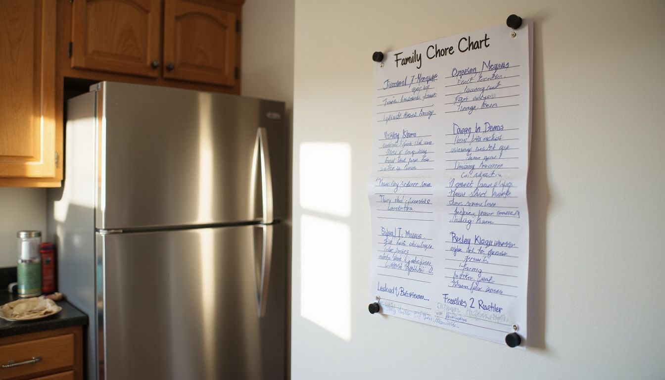 A detailed family chore chart hangs in a lived-in kitchen. A detailed family chore chart hangs in a lived-in kitchen.
