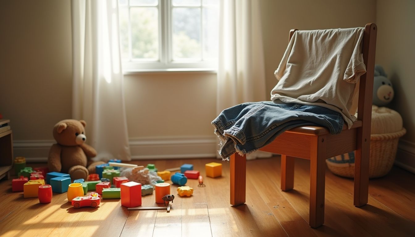 Cluttered children's bedroom with well-worn toys and scattered clothing. Cluttered children's bedroom with well-worn toys and scattered clothing.